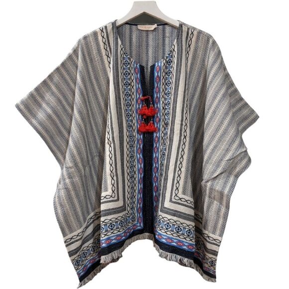 Tory Burch Boho Oversized Blaire Poncho M/L - w/ Tassles, New Ivory / Navy Sea - Picture 6 of 12